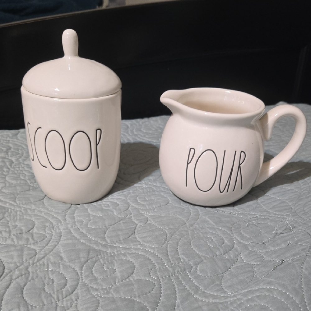 Rae Dunn White Ceramic Scoop and Pour Sugar and Creamer Set